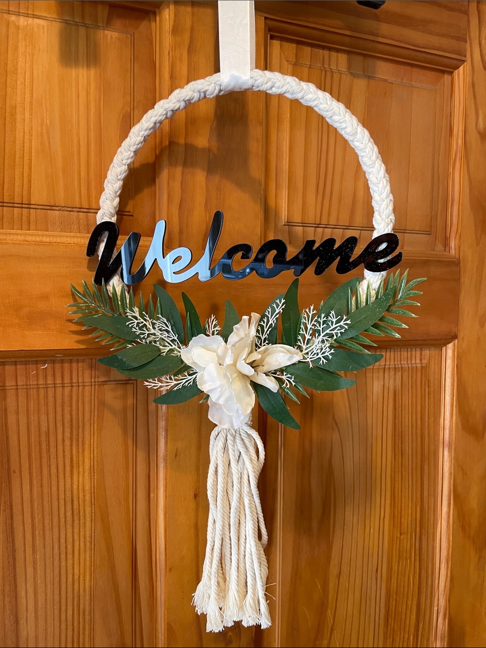Welcome Wreath with Cream Macramé Tassel and Greenery